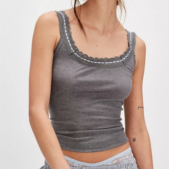Free People Intimately FP NEW So Sweet Gray Ribbed Lace Ribbon Cami Tank Top XL - Picture 8 of 13
